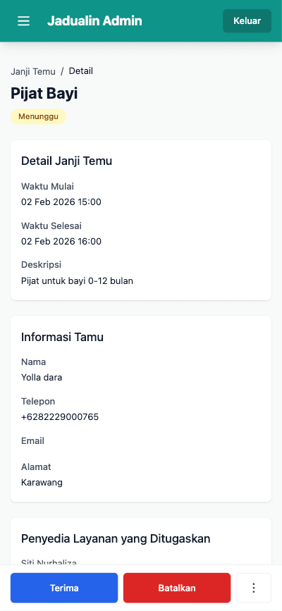 Detail appointment dengan berbagai aksi