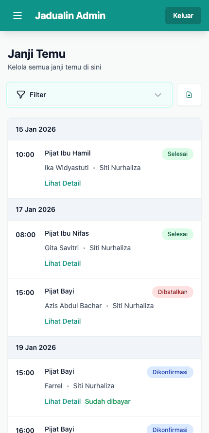 Daftar appointment dengan filter dan pencarian