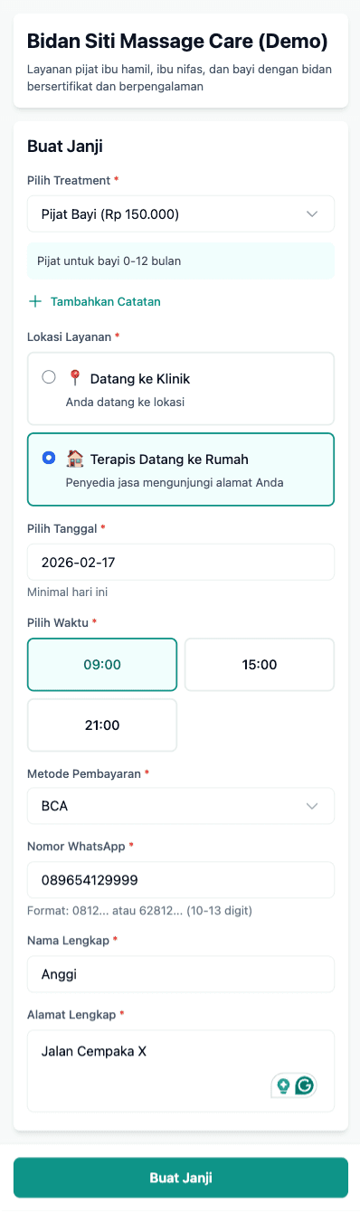 UI form booking pelanggan