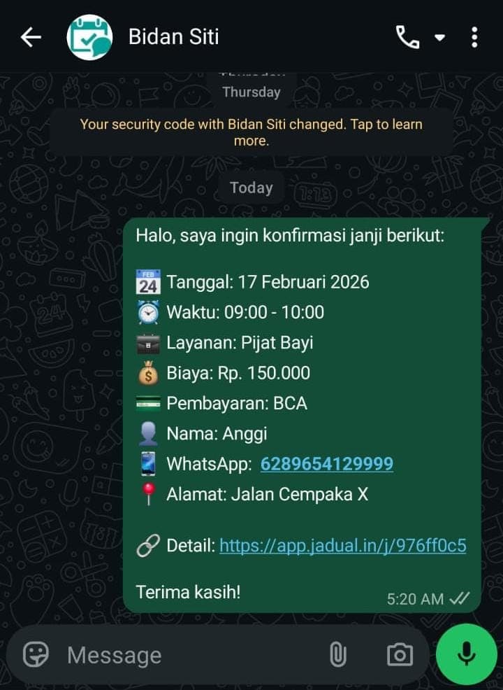 Konfirmasi booking via WhatsApp